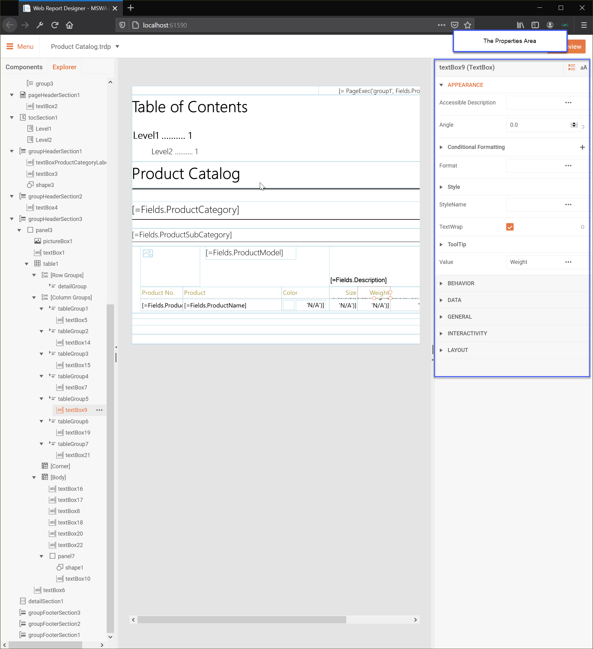 Web Report Designer Properties Area