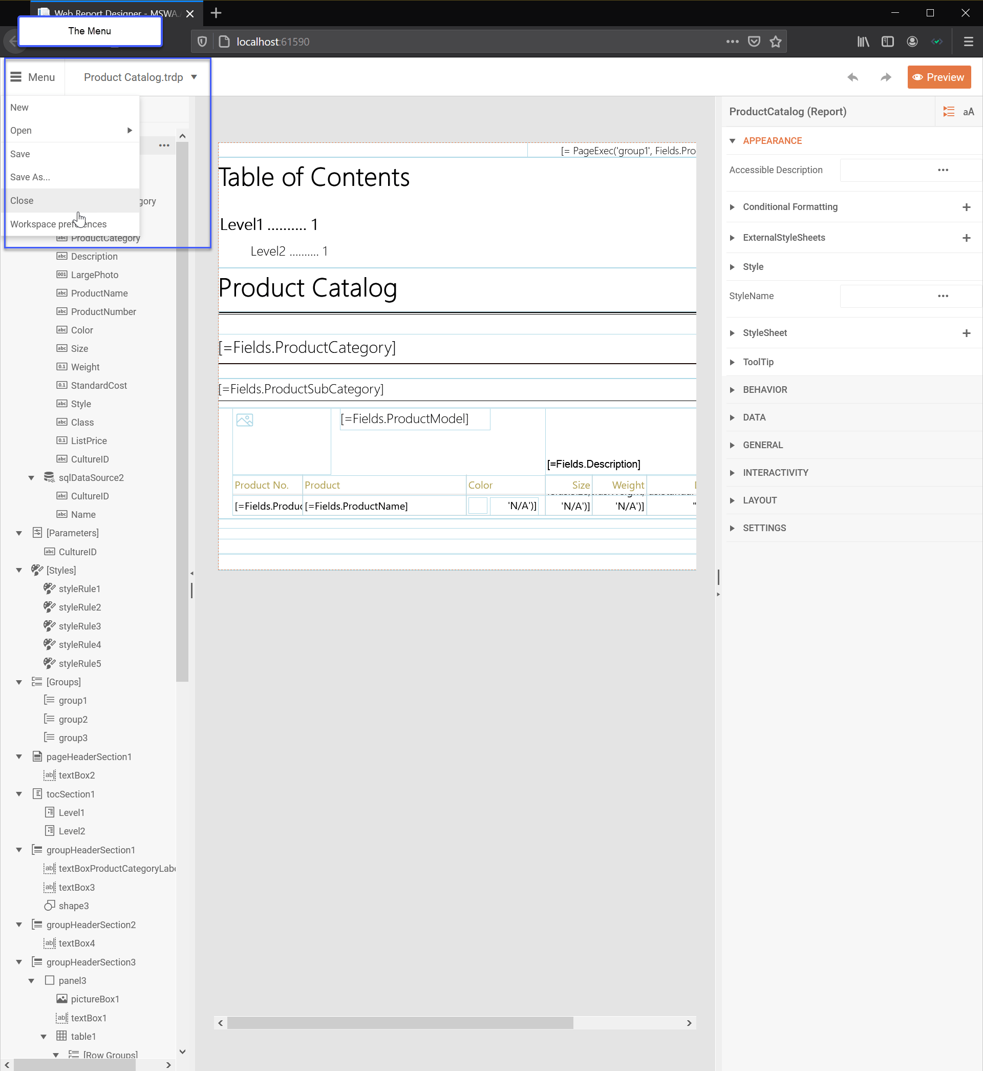 Web Report Designer Menu