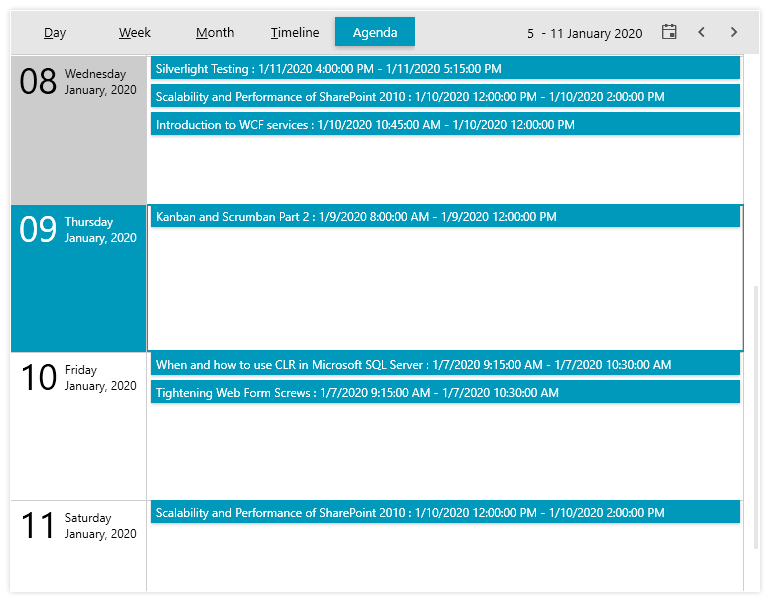 WPF Schedule View control displaying Agenda View mode