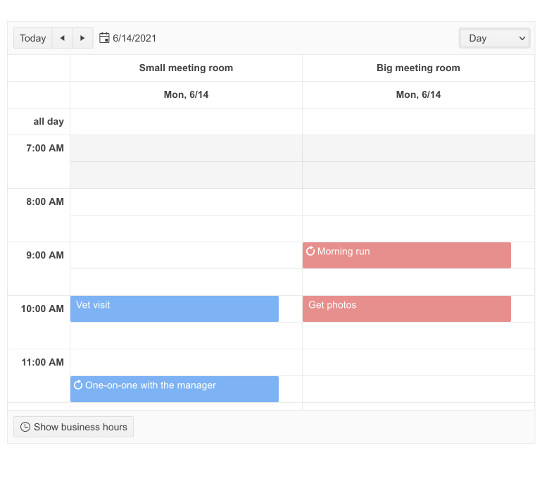 Telerik UI for Blazor Scheduler Resource Grouping: Two columns with the same date show the schedules for the small metting room and the big meeting room.