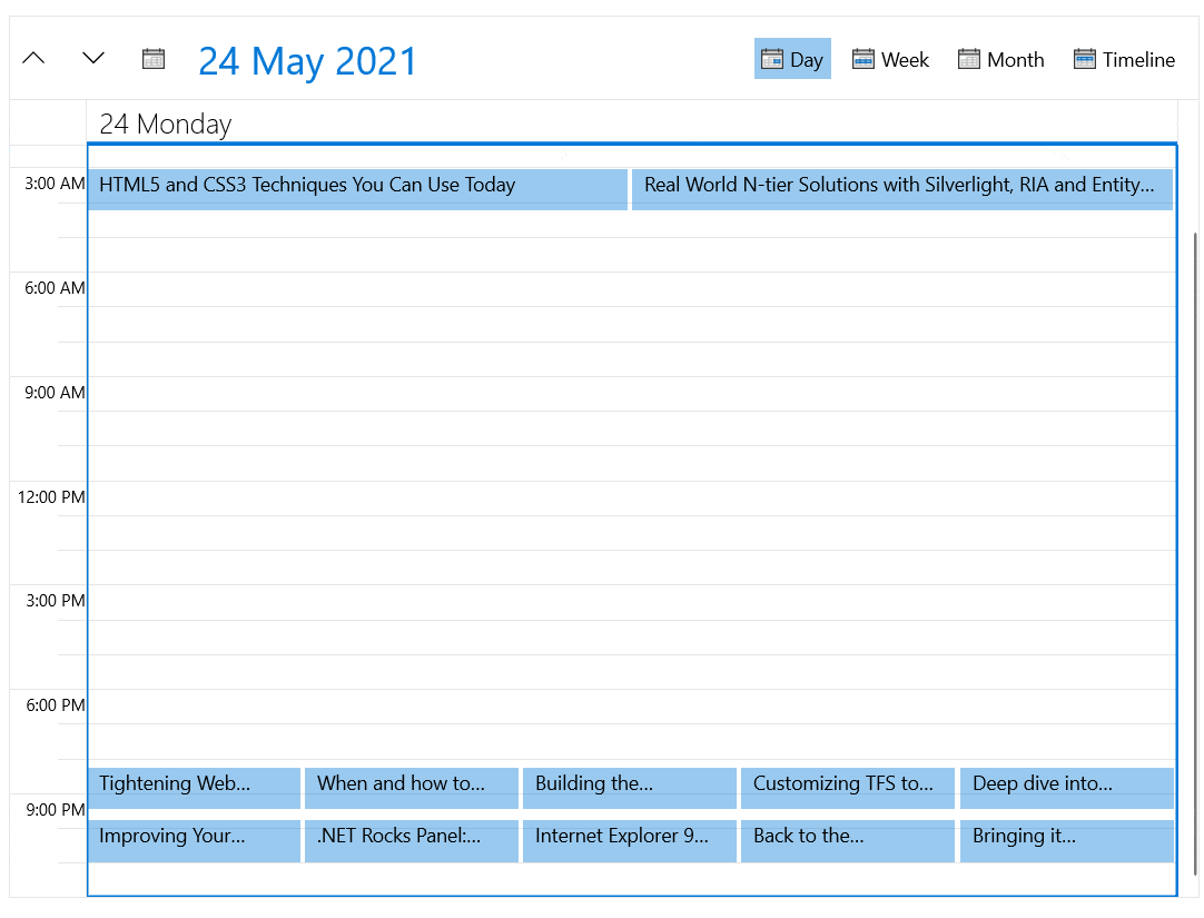 scheduler-view-definitions include Day, Week, Month, Timeline