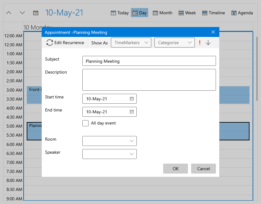 Scheduler has an appointment open for Planning Meeting. The editable options include subject, description, recurrence, categorize, show as, start time, end time, all-day event, room, speaker.