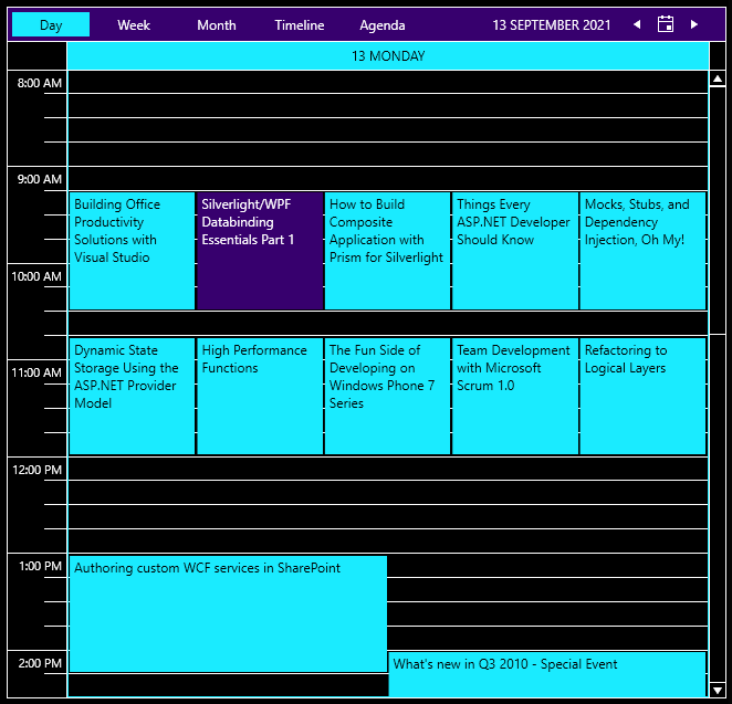 ScheduleView-HighContrast - black background with white text, a dark blue nav bar, and highlights in bright teal