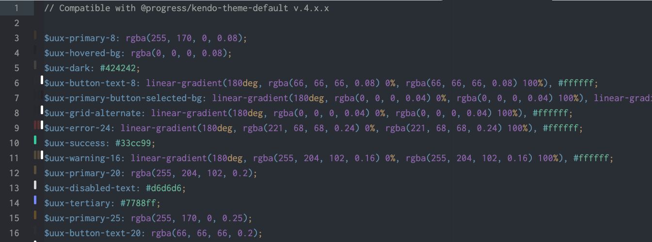Code in the tokens.scss file, showing a series of pre-defined variables Code in the tokens.scss file, showing a series of pre-defined variables