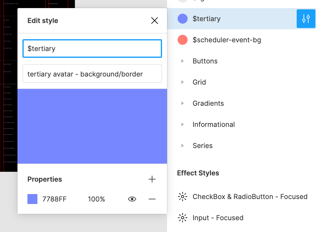 Example of design tokens in Figma