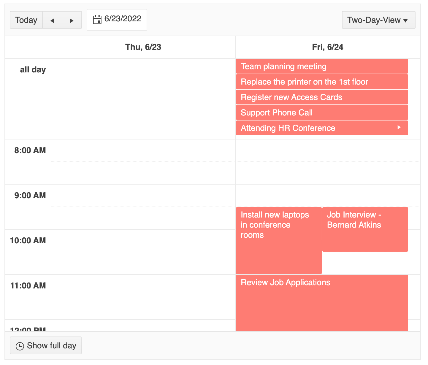 React Scheduler Day view showing two days hour by hour
