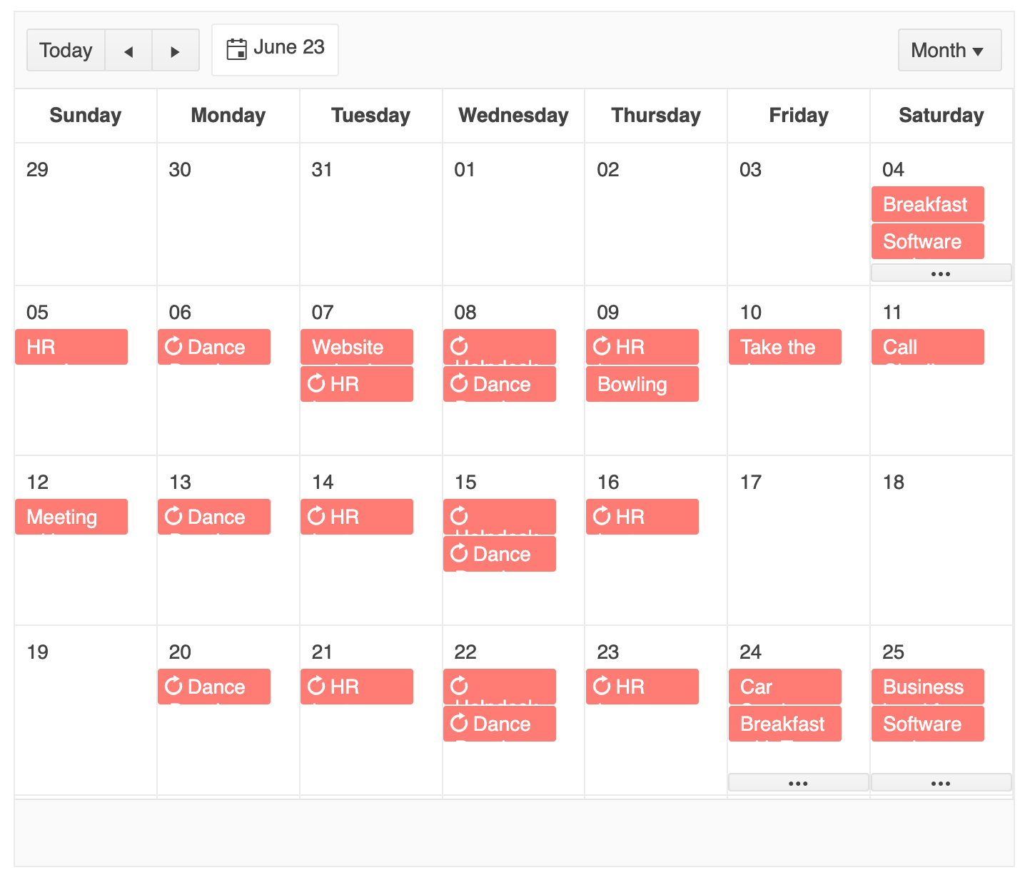 KendoReact Scheduler Component Month View shows month calendar with events