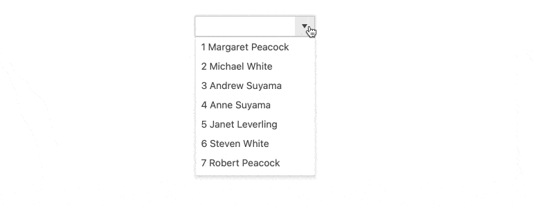 A dropdown lets the user scroll through a list of numbered names, for instance '1 Margaret Peackock'. We see the number get to at least 182.