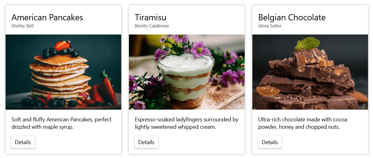 Three cards featuring desserts have shadows around them and the Details button on each card also has a shadow.