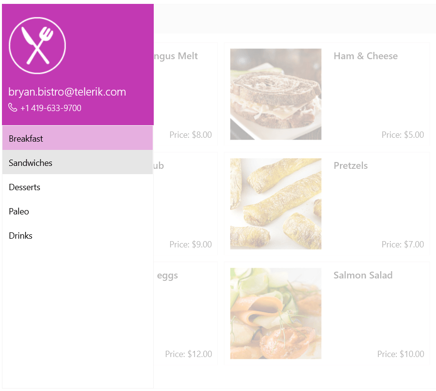 A food menu UI is grayed out as a left-hand side menu is pulled out. This SideDrawer show contact info and then categories of food.