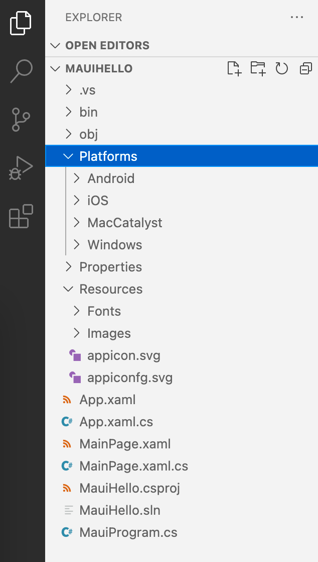 SingleProject - Explorer menu Open Editors - MAUIHELLO - Platforms - lists Android, iOS, Mac Catalyst, Windows