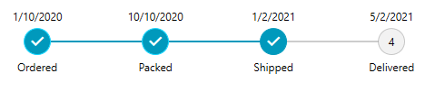 RadStepProgressBar example shows steps for ordered, packed, shipped as completed with the dates listed. The final step, delivered, is not yet complete.