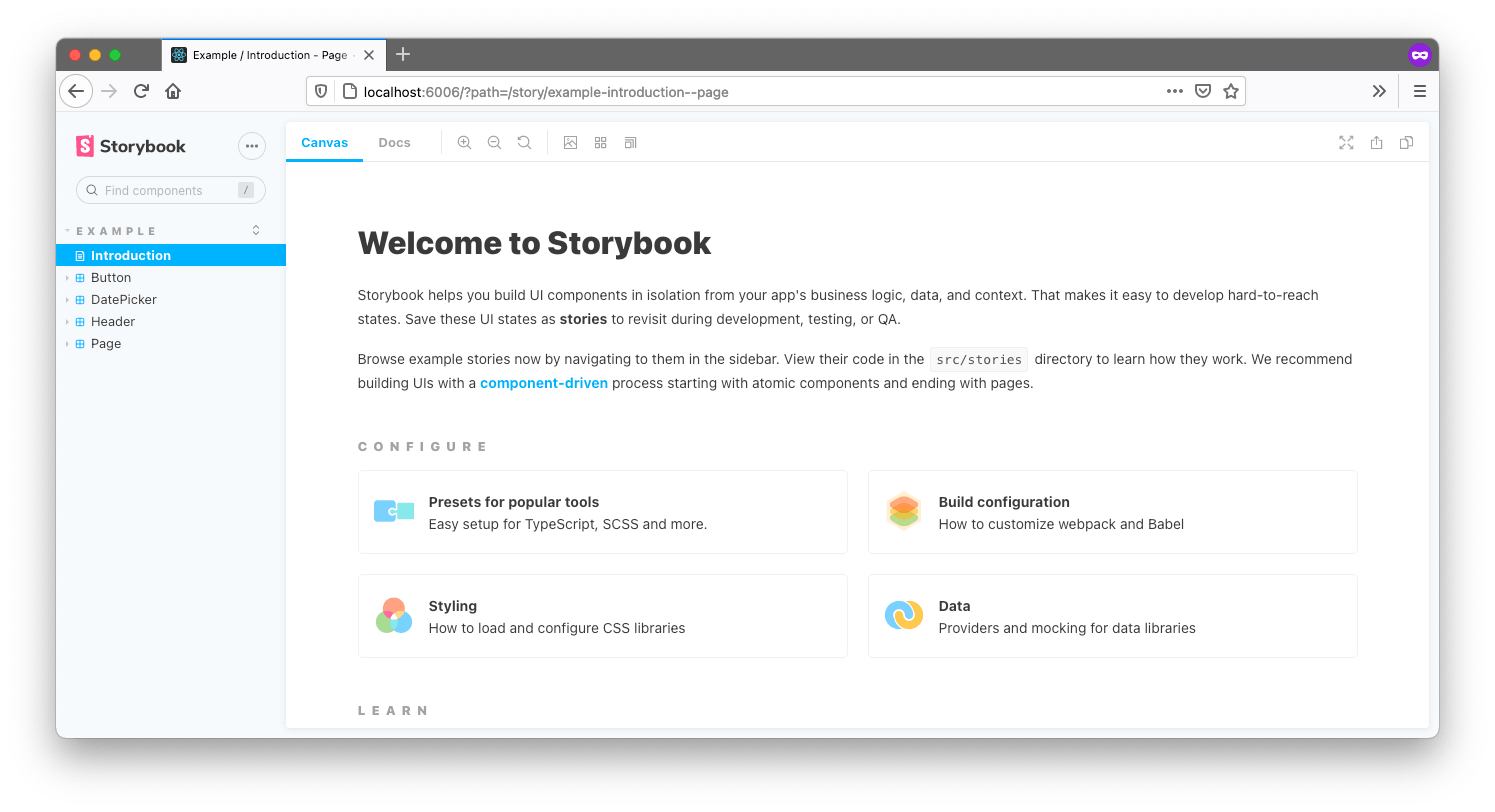 Default Storybook look. Navigation on the left. Main window shows 'Welcome to Storybook' and includes some options below Configure and Learn.