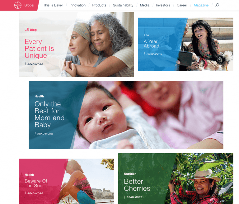 Screen shot of Bayer’s blog page with several blog post titles and images, all with the action link “Read More.”