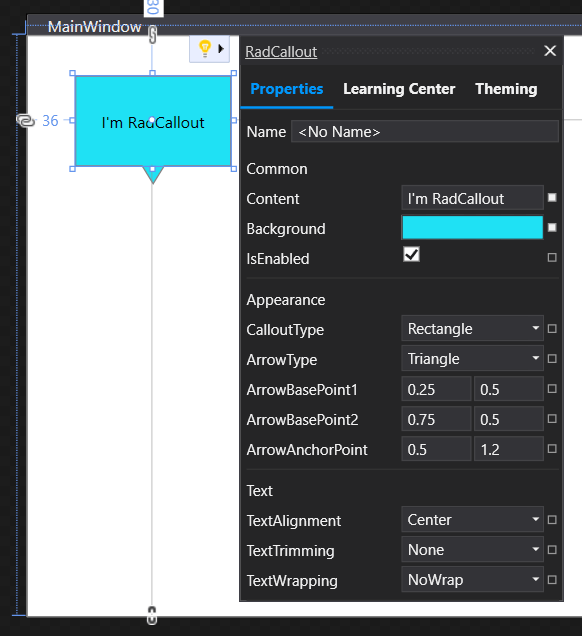 In a design MainWindow, a turquoise box says, 'I'm RadCallout.' A Properties window is open, showing content, background color, isEnabled, and many details about the shape and anchor points and the text layout.