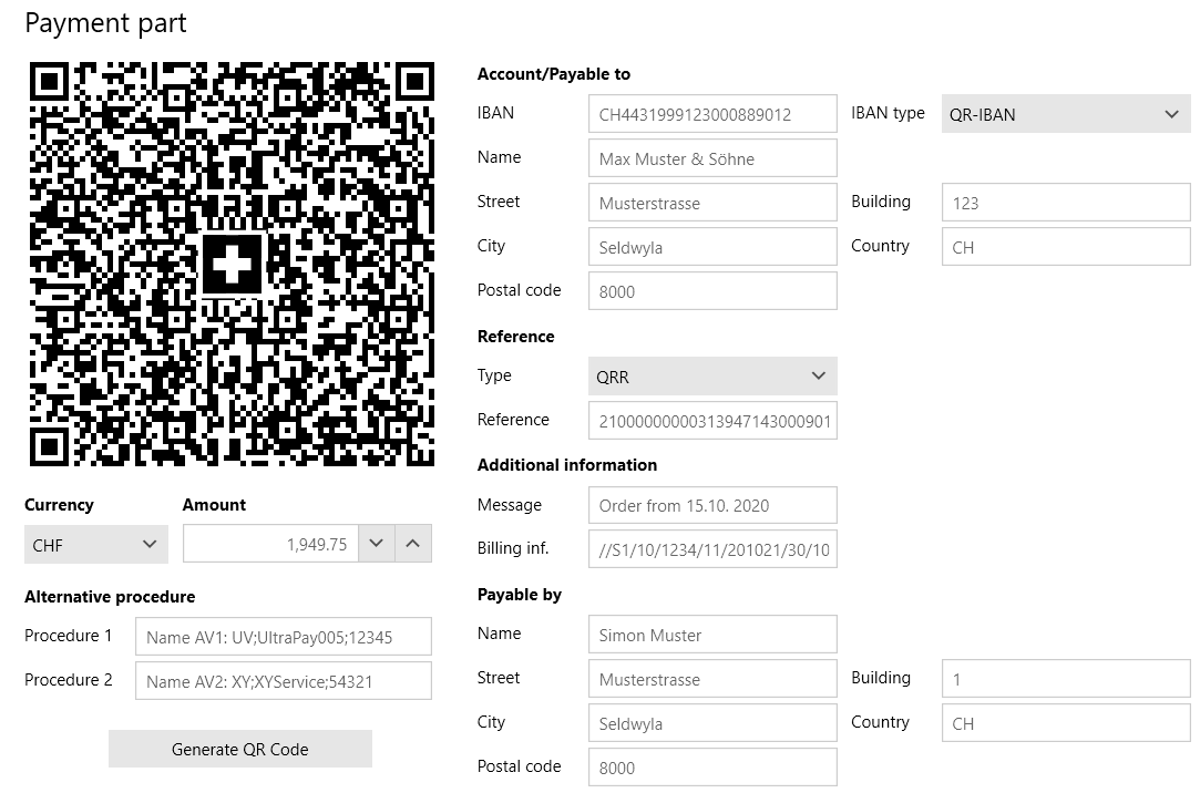 A Swiss QR code (with recognizable Swiss cross in the center) is being set up with payment information, including currency, amount, payable to account, and payable by info.