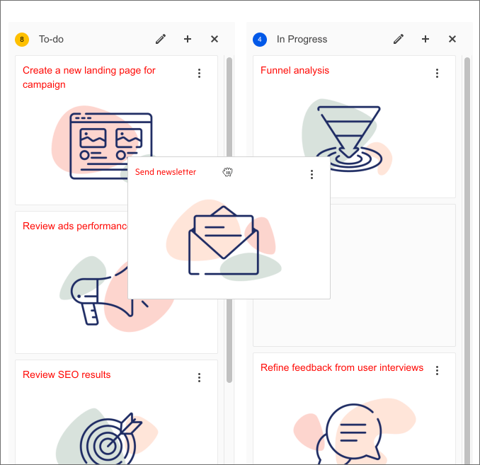 Two side-by-side vertical lists show stacked cards with large icons. The To-Do list on the left has a 'Send newsletter' card being grabbed and moved—possibly to the Done list on the right.