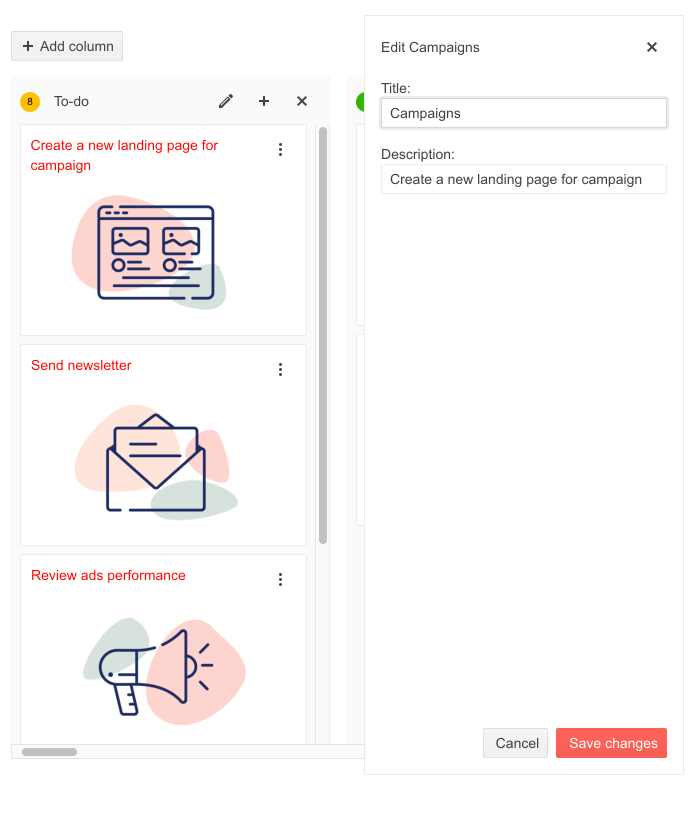 Over top of the lists we saw last, there is a window open called 'Edit Campaigns', with fields for title ('Campaigns' is written here) and description ('Create a new landing page for campaign').