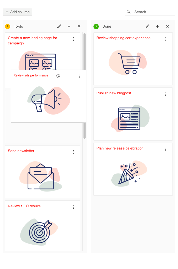 Two side-by-side vertical lists show stacked cards with large icons. The To-Do list on the left has a 'Review ad performance' card being grabbed and moved—possibly to the Done list on the right.