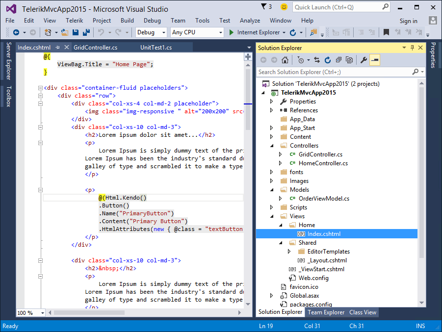 Telerik MVC Project Template Loaded in VS 2015