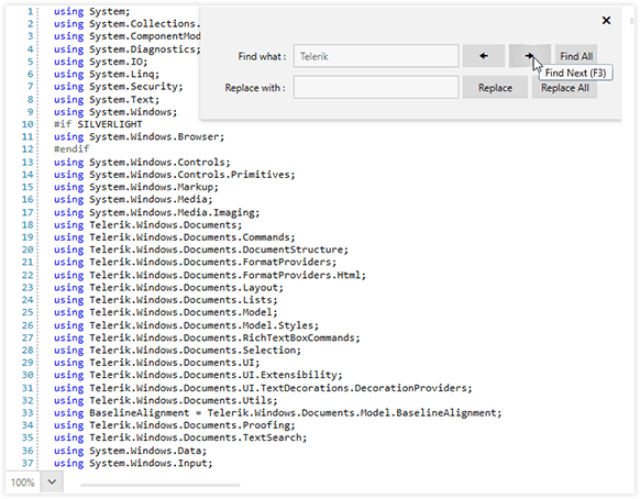 Telerik UI for WPF SyntaxEditor - Find And Replace Dialog