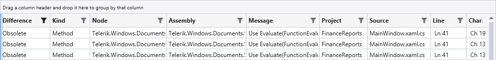 Telerik Upgrade API Analyzer Result