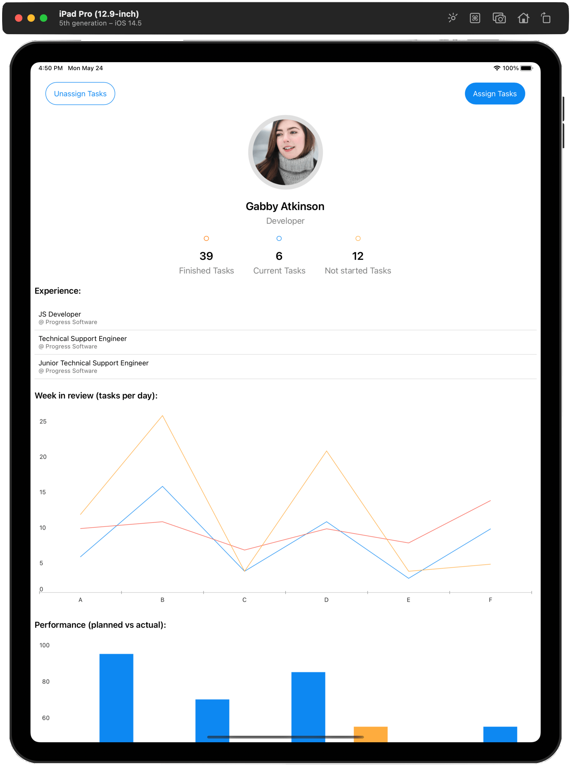 TelerikMauiOniPad - An app with a person’s profile; buttons to assign and unassign tasks; numbers of finished, current and not started tasks; experience; week in review line graph; performance bar chart.
