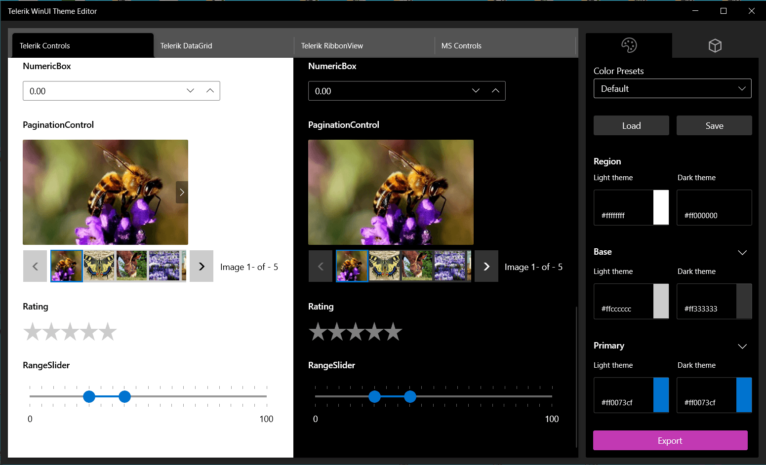 Telerik WinUI Theme Editor shows a light and a dark mode of the same page, with controls on the right choosing color presets.