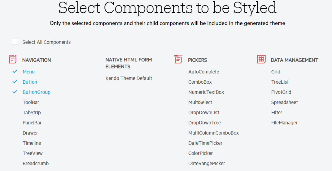 Telerik ThemeBuilder UI Component Selection Telerik ThemeBuilder UI Component Selection