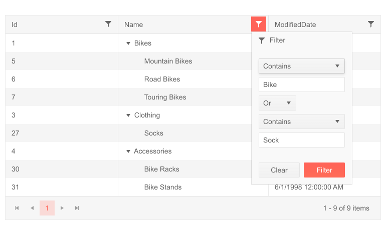 Telerik UI for Blazor TreeList Filter Menu