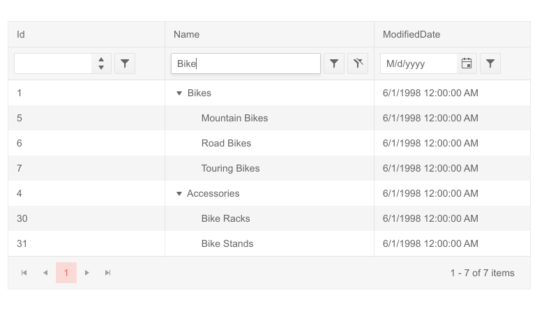 Telerik UI for Blazor TreeList Filter Row