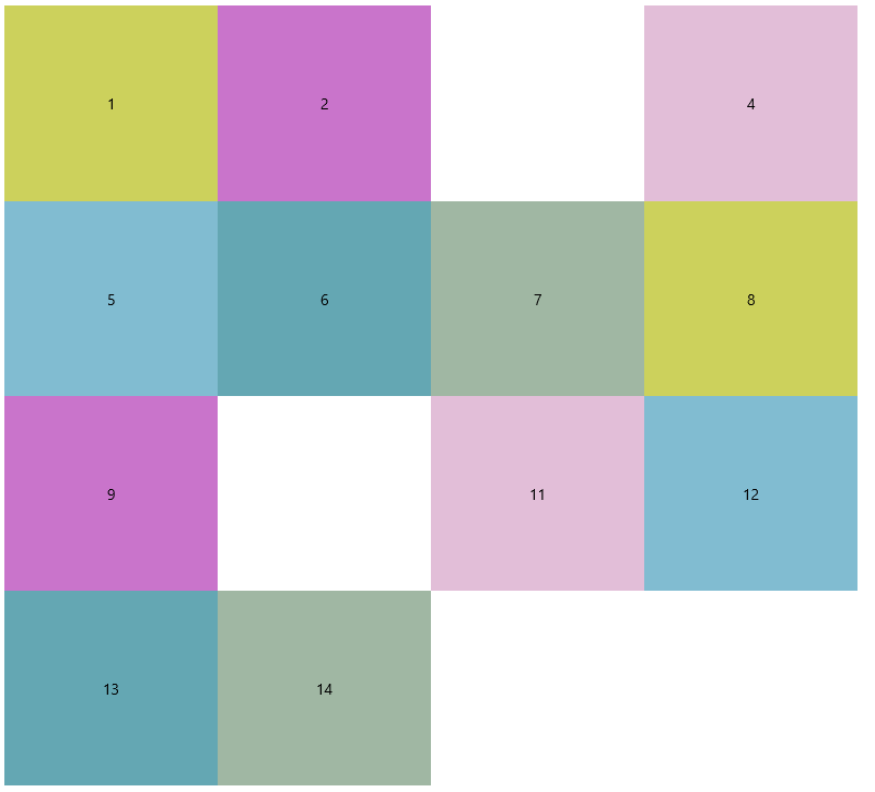 Uniform Grid showing 14 differently colored boxes all laid out in a grid, uniform in height and width
