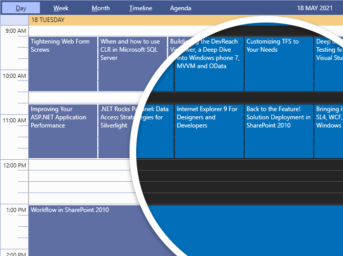 Visual Studio 2019 in light mode is shown with a bubble revealing the differences in Dark variation. Light mode has a white background with blues and purples and orange. Dark mode has a dark gray background with blue accents.