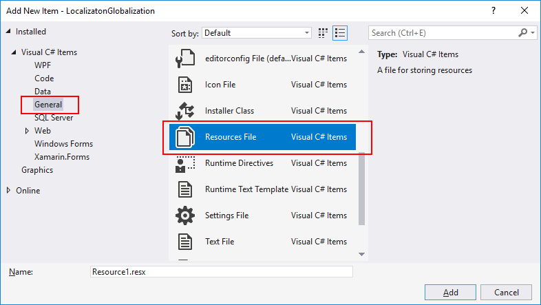 ResourcesFile item template