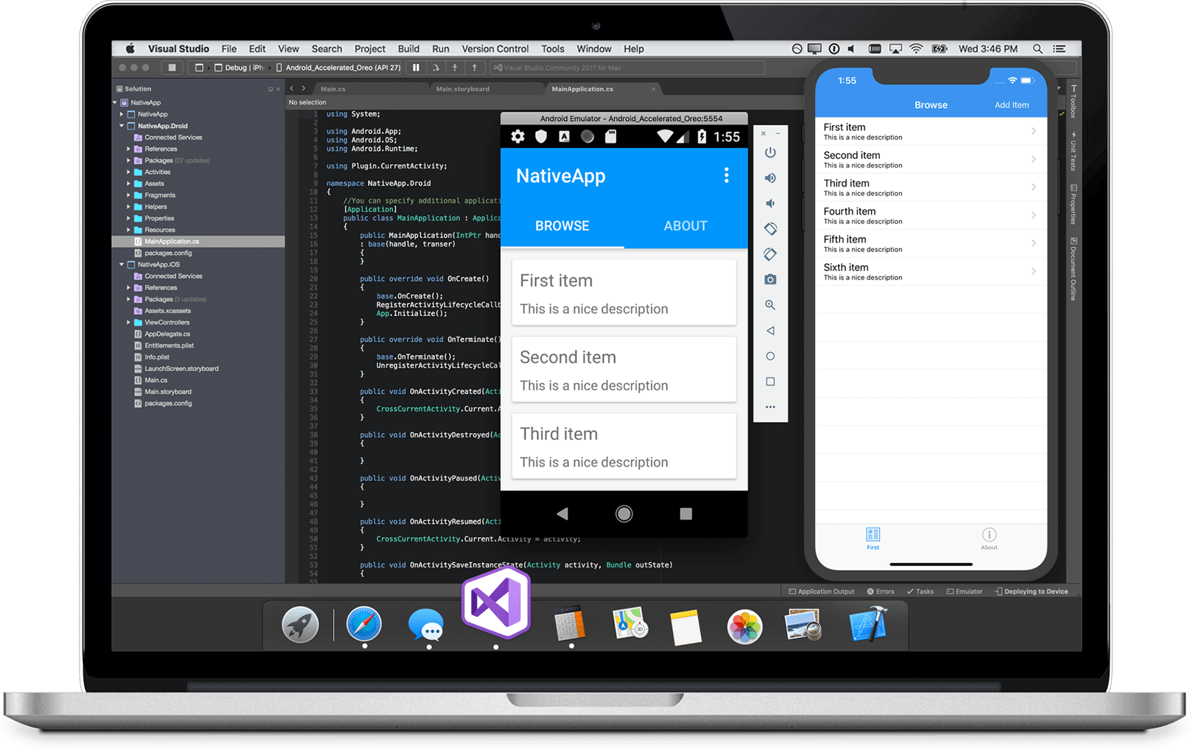 VS For Mac: a MacBook has Visual Studio open, with an Android Emulator showing a mobile screen.