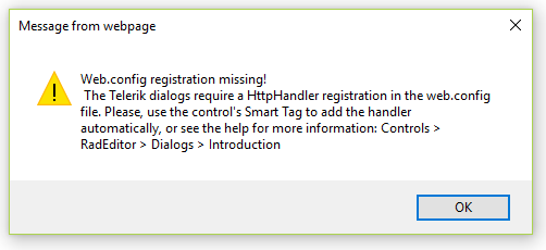 Error Web Config Registration Missing The Telerik Dialogs Require A Httphandler Registration In The Web Config File Telerik Ui For Asp Net Ajax Kb