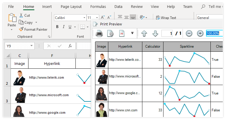 WinForms Sparkline control displaying Printing and Exporting