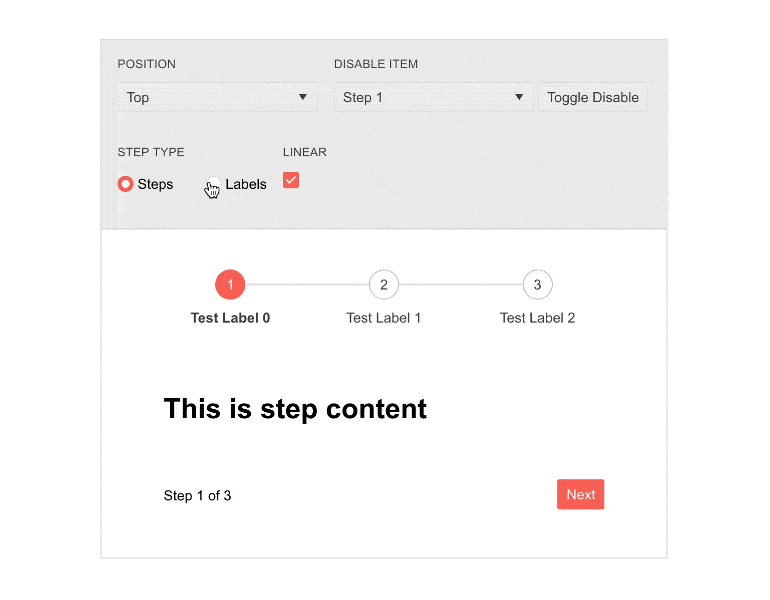 Telerik UI for Blazor Wizard Configuration has settings for position, disable item, step type, linear, and then a preview of the steps.