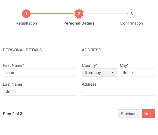 Telerik UI for Blazor Wizard Form Integration on Step 2 of 3, Personal Detauils, including form fields for name, country, city, and address.