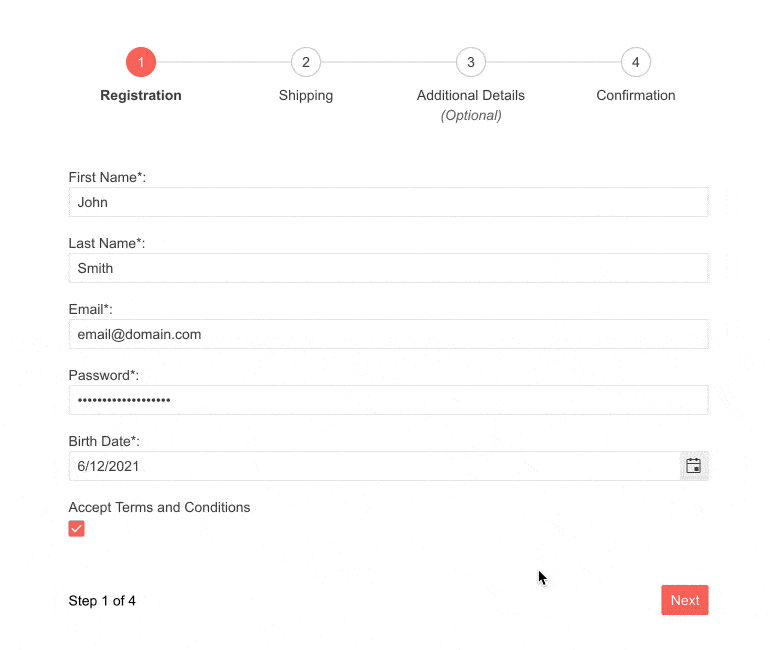 Telerik UI for Blazor Wizard UI Component has 4 steps: registration, shipping, additional details and confirmation. Buttons at the bottom let you go to Next or Previous.