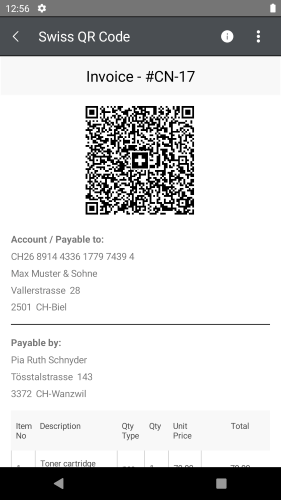 Xamarin_SwissQRCode has a QR code with a Swiss cross in the middle. Below we see account / Payable to info and Payable by info.