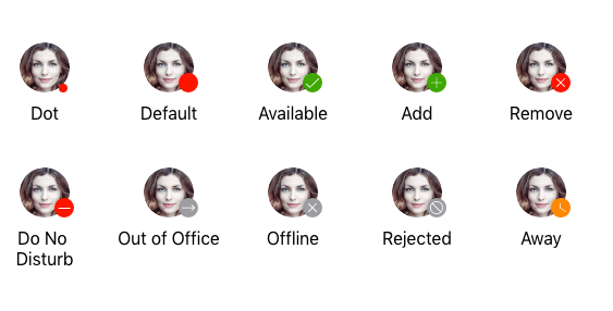 BadgeView-Types include Dot, with a small red dot at the lower right of the circular photo representing an app icon; Default, with a larger red dot at lower right (the rest of the indicators are at this default size); Available with a green dot and a checkmark inside it; Add with the green circle and a plus sign; Remove with a red circle and an X; Do Not Disturb with a red circle and a minus sign; Out of office with a gray circle and a right arrow; Offline with a gray circle and an X; Rejected with a gray circle and a No circle (the circle with a slash through it); and Away with an orange circle and a clock icon.