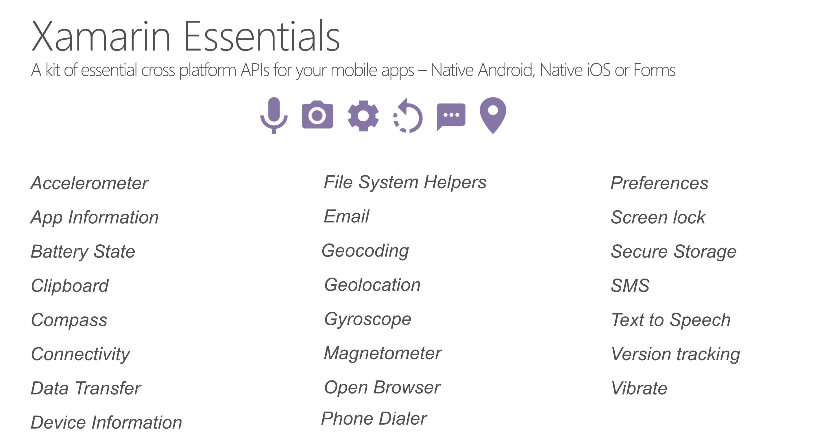 XamarinEssentials list of APIs