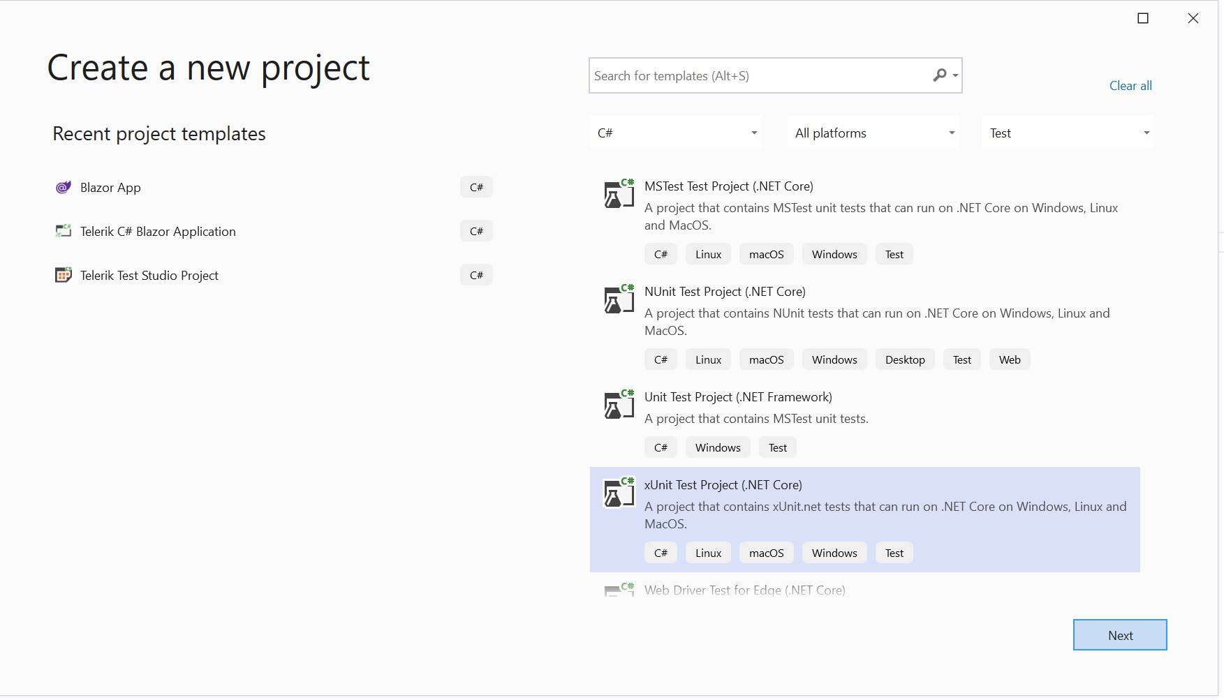 xUnit project dialog xUnit project dialog