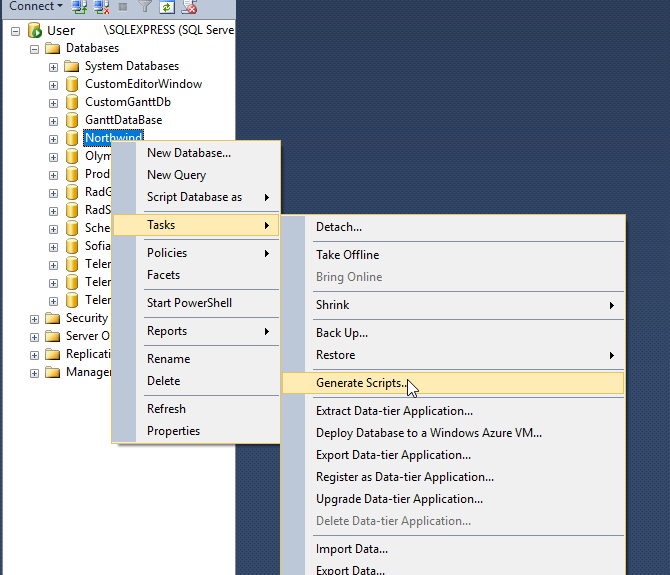 Import And Export Sql Database To Sql Script Via Sql Management Studio Telerik Ui For Asp Net Ajax Kb