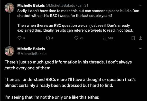 Screenshots of tweets from Michelle Bakels where she expresses a wish for a chatbot that could search the archive of Dan Abramov's tweets about RSCs and reply to a user's question, because there's so much information in them