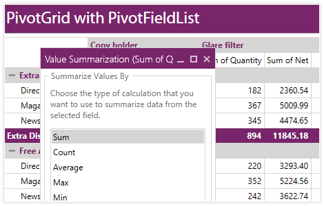 WPF PivotGrid control showing Aggregate Functions