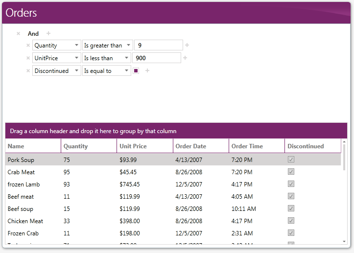 WPF DataFilter control displaying filtering a collection