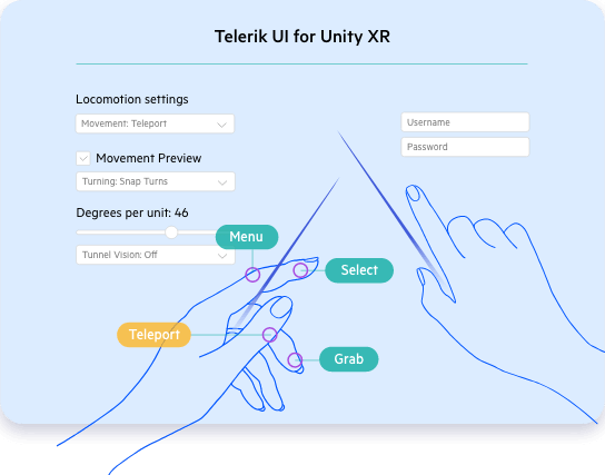 Motions, Interactions and CanvasUI, part of Telerik UI for Unity XR, in action.