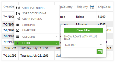 Context Menus for Column Sorting, Filtering, Grouping and Show/Hide